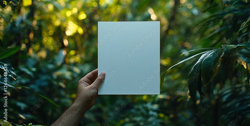 Hand holding blank white paper sheet mockup in lush green forest setting Hand holding blank white paper sheet mockup in lush green forest setting
