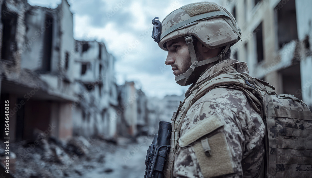 Soldat in voller Kampfausrüstung mit Helm, steht in einer völlig zerstörten Stadt, Generative AI