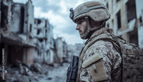 Obraz na płótnie Soldat in voller Kampfausrüstung mit Helm, steht in einer völlig zerstörten Stadt, Generative AI w salonie