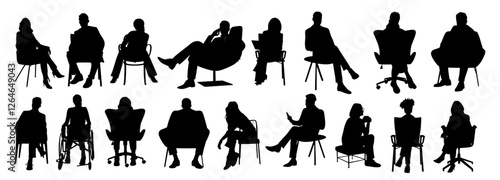 Silhouettes of different business people, men and women sitting in office chairs with phone. Black flat illustrations isolated on white background