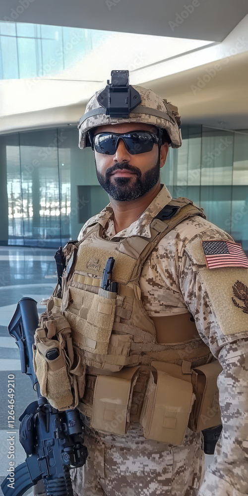 Soldat in voller Kampfausrüstung mit Helm und Tuch über dem Mund, Generative AI