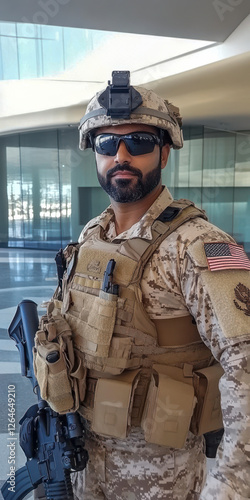Obraz na płótnie Soldat in voller Kampfausrüstung mit Helm und Tuch über dem Mund, Generative AI w salonie