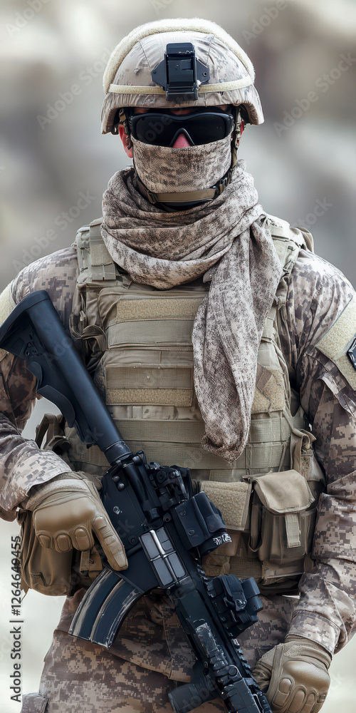 Soldat in voller Kampfausrüstung mit Helm und Tuch über dem Mund, Generative AI