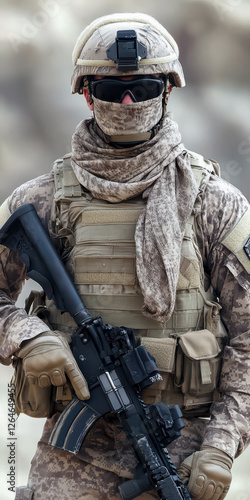 Obraz na płótnie Soldat in voller Kampfausrüstung mit Helm und Tuch über dem Mund, Generative AI w salonie
