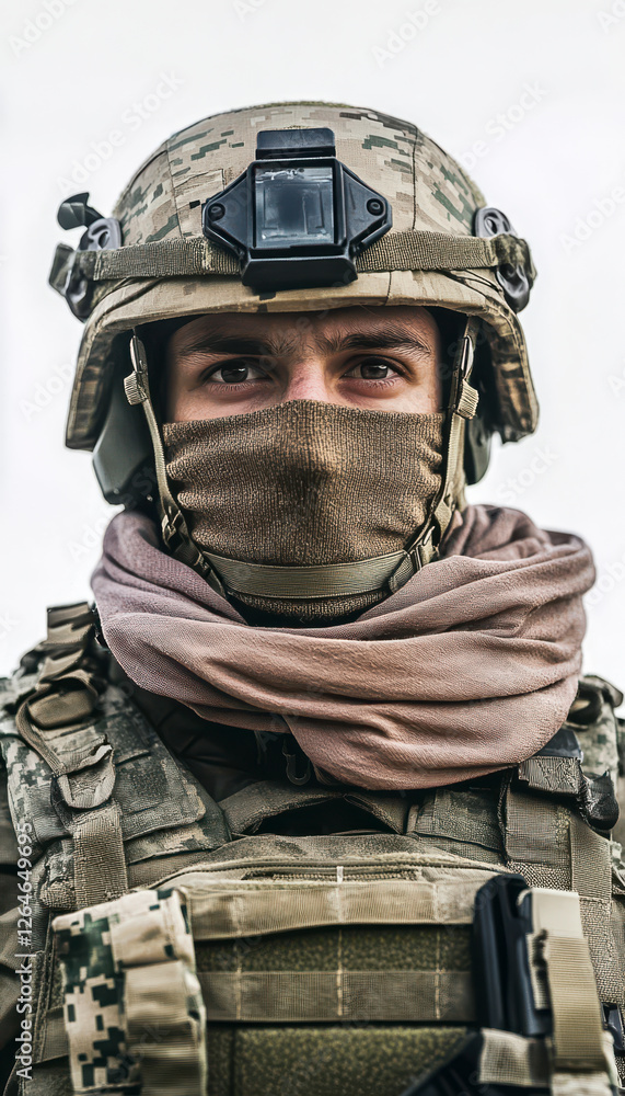 Soldat in voller Kampfausrüstung mit Helm und Tuch über dem Mund, Generative AI