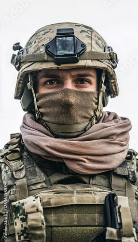 Obraz na płótnie Soldat in voller Kampfausrüstung mit Helm und Tuch über dem Mund, Generative AI w salonie