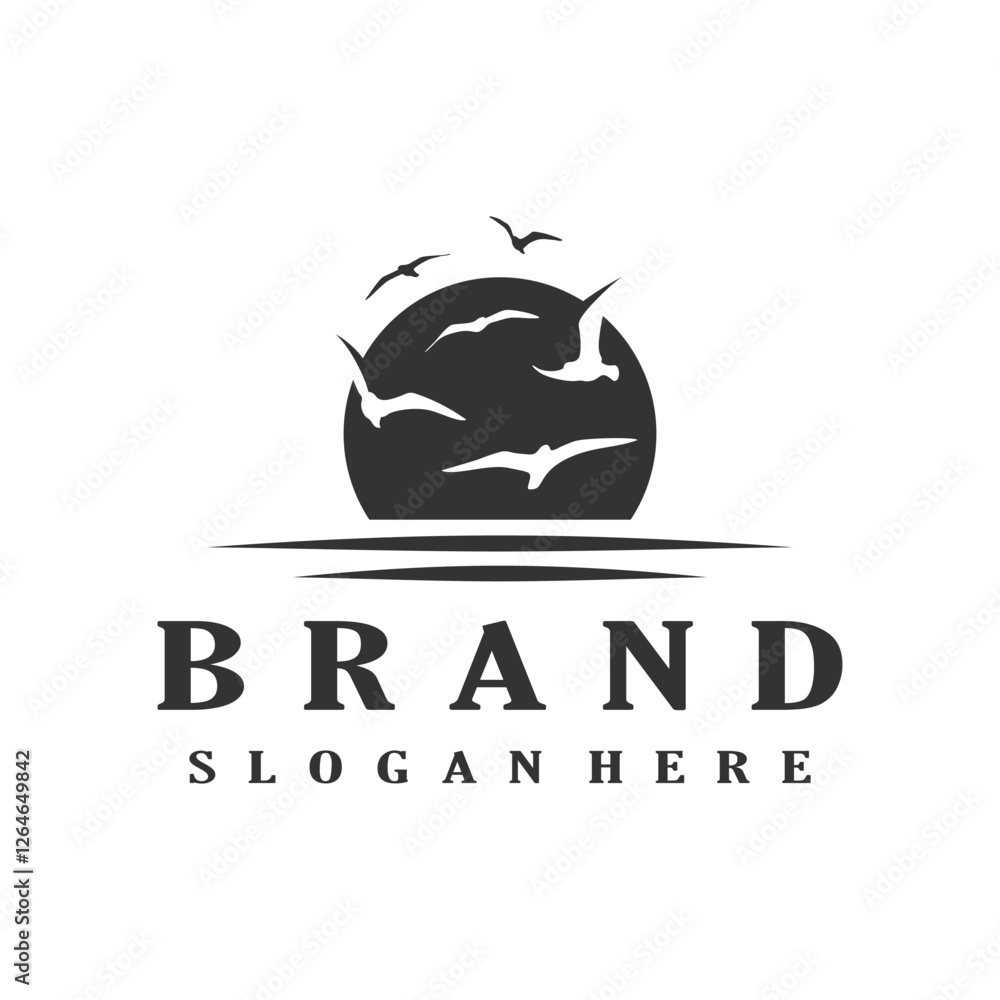 Εκτύπωση καμβά bird and sunrise or sunset on beach  logo design vector template illustration
