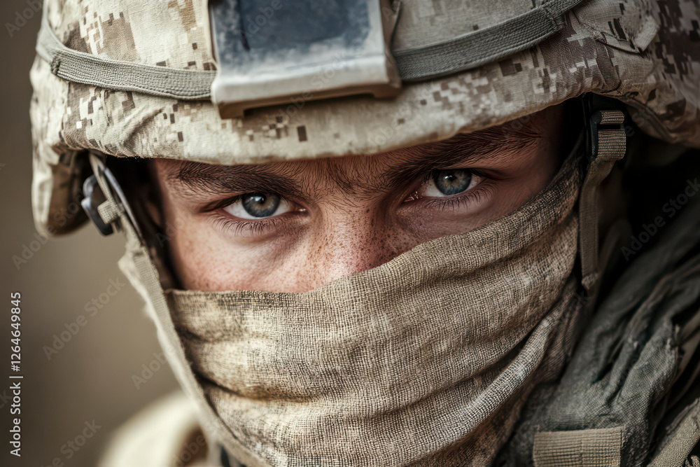 Soldat in voller Kampfausrüstung mit Helm und Tuch über dem Mund, Generative AI