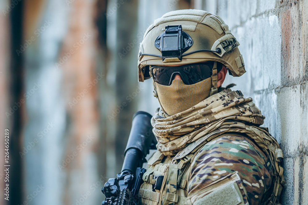 Soldat in voller Kampfausrüstung mit Helm und Tuch über dem Mund, Generative AI