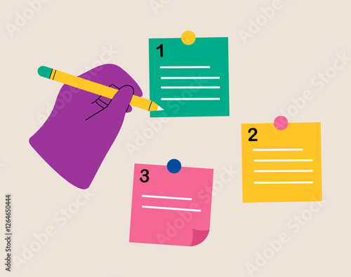 Hand holding pencil categorized notes. Sorting important or urgency tasks. Colorful vector illustration