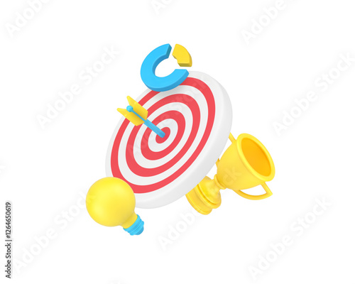 Achievement goal target success win business analyzing darts game 3d icon realistic vector illustration. Dartboard with arrow in bullseye productivity and efficiency victory winner strategy