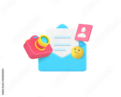 Media data image letter send message content management 3d icon realistic vector illustration. Multimedia database file envelope portfolio presentation storage service photo video camera