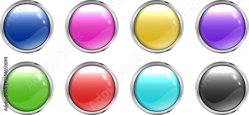 Free Download Set of 8 colored buttons with glass effect in silver volumetric frame. Blue. Black. Turquoise. Red. Green. Pink. Purple. Yellow. EPS file. Premium vector illustration - GFXLoad