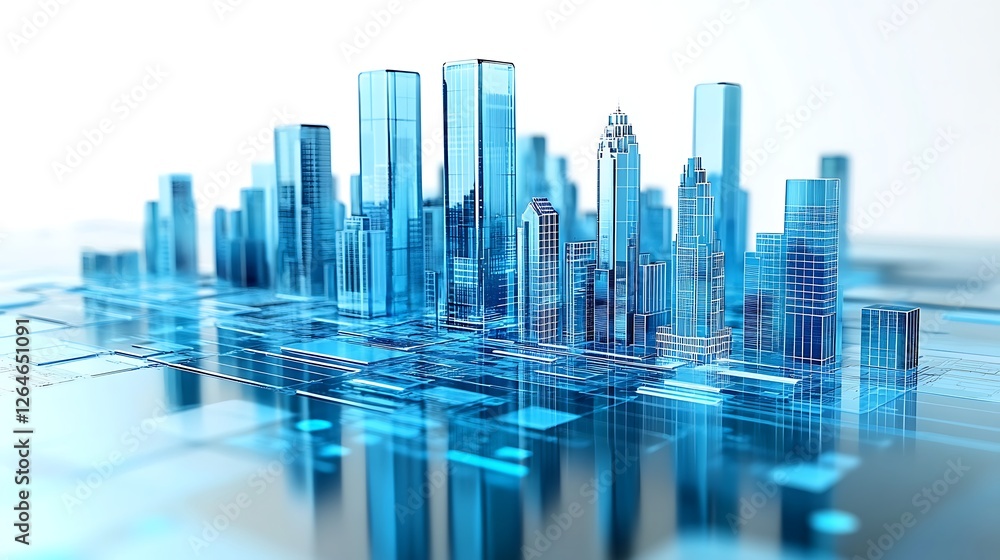 Futuristic Digital Cityscape with Blue Skyscrapers, 3D blue glass illustration of business data Futuristic Digital Cityscape with Blue Skyscrapers, 3D blue glass illustration of business data