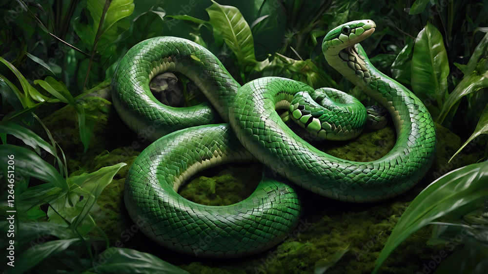 Fototapeta premium Fantustic Stunning 3D Realistic Green Snake in Lush Jungle – High-Detail Illustration
