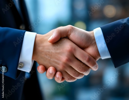 Business handshake, close-up, firm grip, suit sleeves, cufflinks