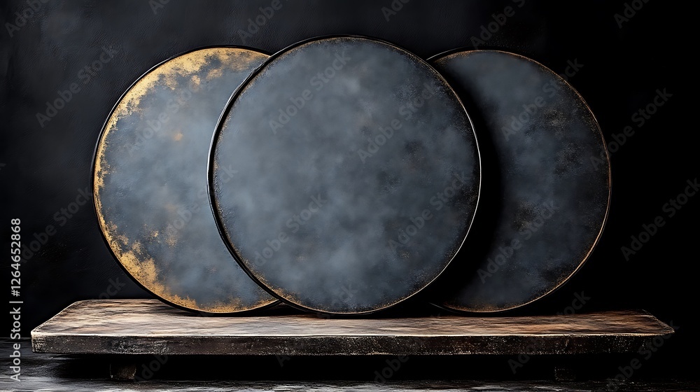 Three Dark Grey Circular Trays on Wooden Stand Three Dark Grey Circular Trays on Wooden Stand
