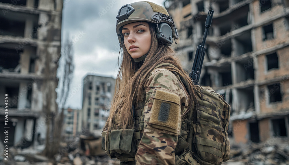 Soldatin in voller Kampfausrüstung mit Helm, steht in einer völlig zerstörten Stadt, Generative AI