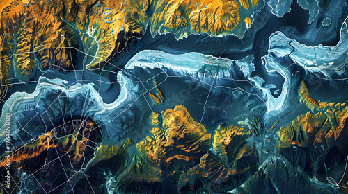 Radar Topography of Coastal Area with Detailed Terrain Features and Water Bodies