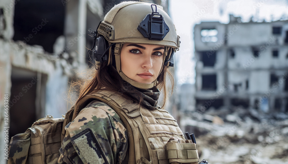 Soldatin in voller Kampfausrüstung mit Helm, steht in einer völlig zerstörten Stadt, Generative AI