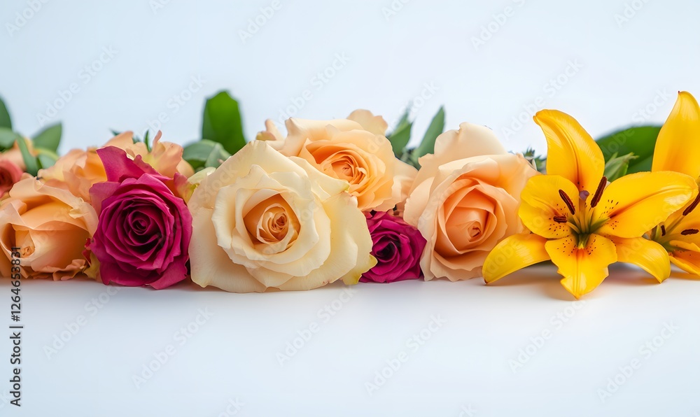 Beautiful floral border with tulips and roses, Generative AI