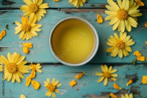Chrysanthemum Tea. Close-up of Refreshing Floral Tea in Yellow Cup with Water Droplets