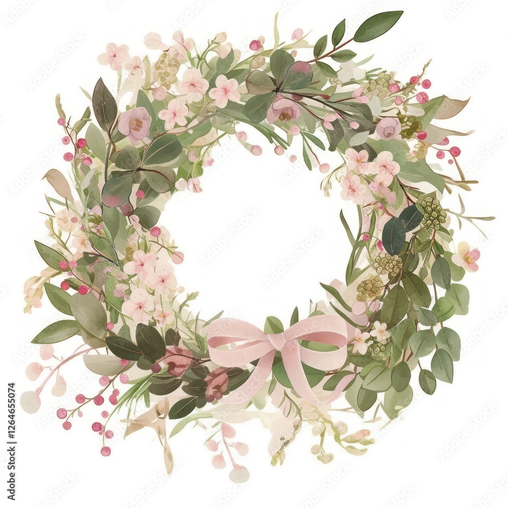 Fototapeta premium Floral wreath with pink ribbon