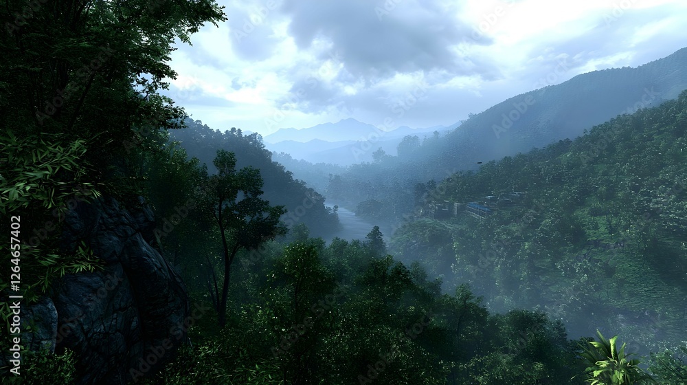 Fototapeta premium Misty Mountain Valley Landscape with Lush Green Forest
