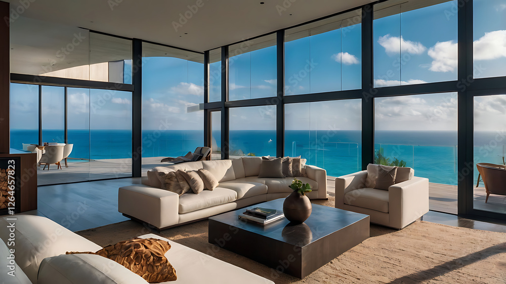 Luxury architecture, ocean front property landscape. Modern living room interior design with sleek contemporary designer furniture, minimalist decor large windows, panoramic coastal view background Luxury architecture, ocean front property landscape. Modern living room interior design with sleek contemporary designer furniture, minimalist decor large windows, panoramic coastal view background