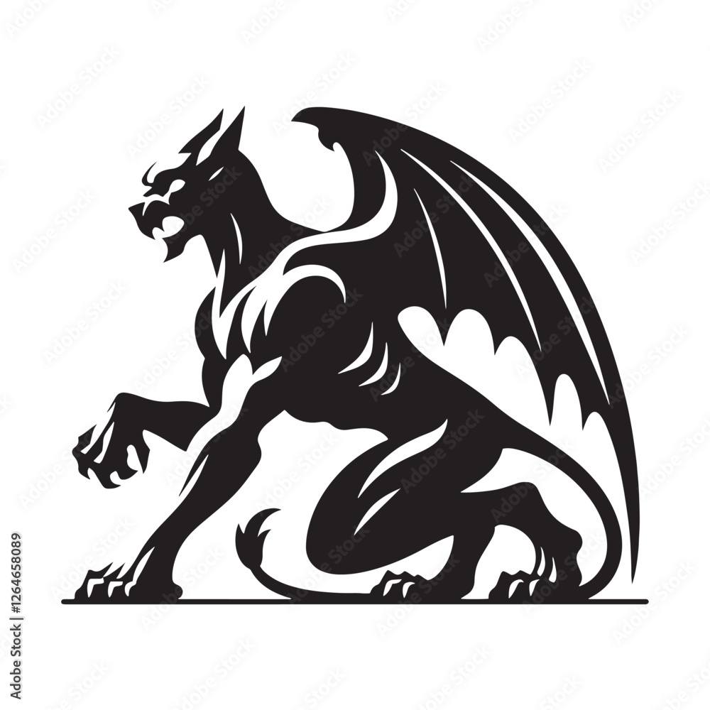 Fototapeta premium Regal Gargoyle silhouette showcasing intricate details and gothic influences - Gargoyle illustration - Gargoyle vector - mythical creature silhouette 