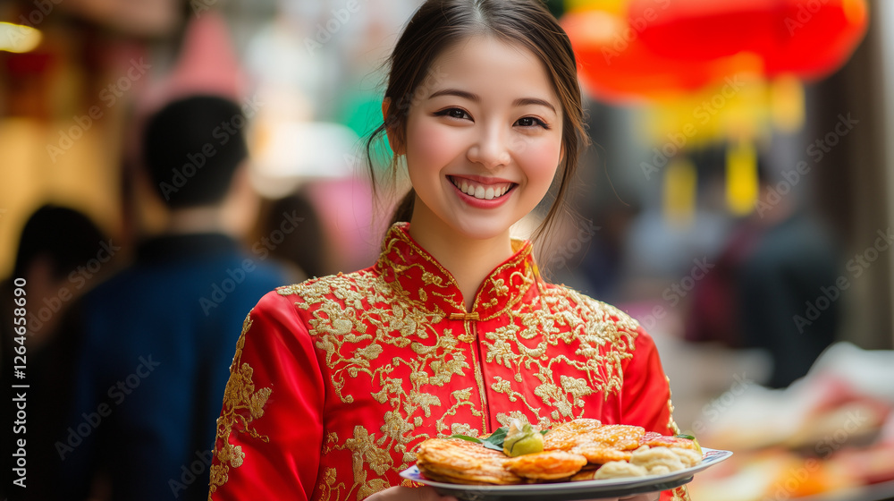 Zhonghe Festival Celebration: A Happy Asian Girl in Red Traditional Attire Holding a Plate of Delicious Festive Food in a Vibrant Setting Zhonghe Festival Celebration: A Happy Asian Girl in Red Traditional Attire Holding a Plate of Delicious Festive Food in a Vibrant Setting