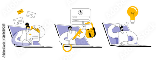 Set of vector illustrations with characters. Man holding virtual key, sorting email, searching for new ideas. Vector illustrations for animation.