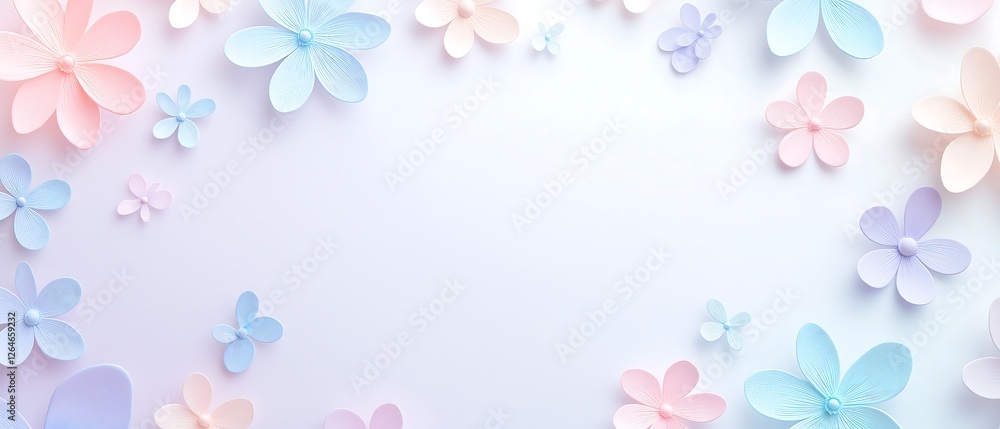 Panoramic illustration of 3D flowers on soft background leaving copy space in centre. Panoramic illustration of 3D flowers on soft background leaving copy space in centre.
