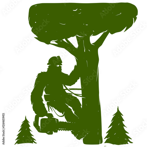 Bigfoot Lumberjack with Chainsaw Cutting Tree - Vector Illustration