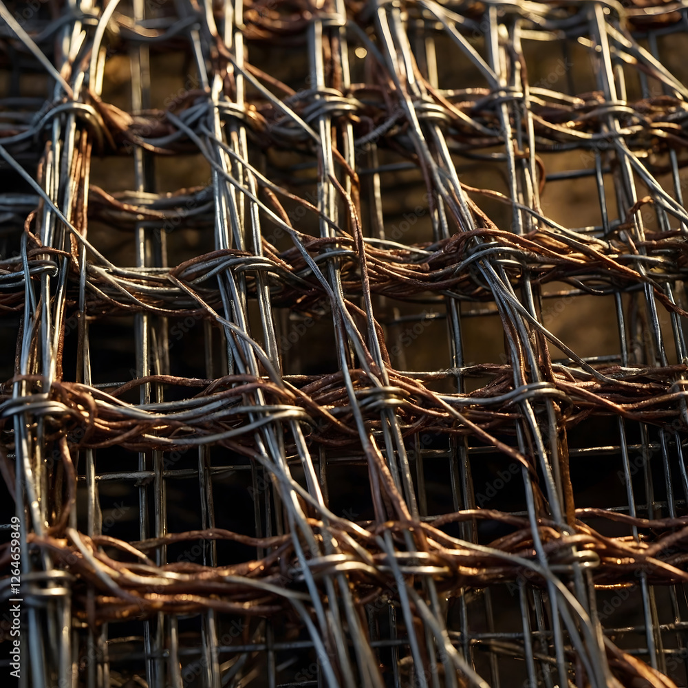 Metal textures showcase intricate patterns of woven wires in warm lighting Metal textures showcase intricate patterns of woven wires in warm lighting