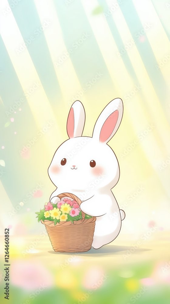 Kawaii bunny holding basket of colorful flowers, cheerful vibe Kawaii bunny holding basket of colorful flowers, cheerful vibe