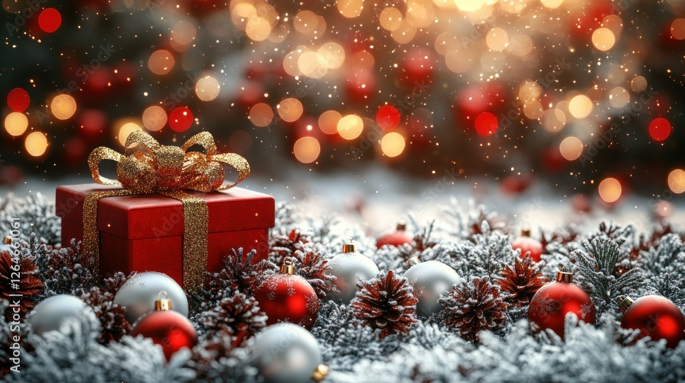 A Festive Christmas Gift Surrounded by Ornaments and Sparkling Lights A Festive Christmas Gift Surrounded by Ornaments and Sparkling Lights