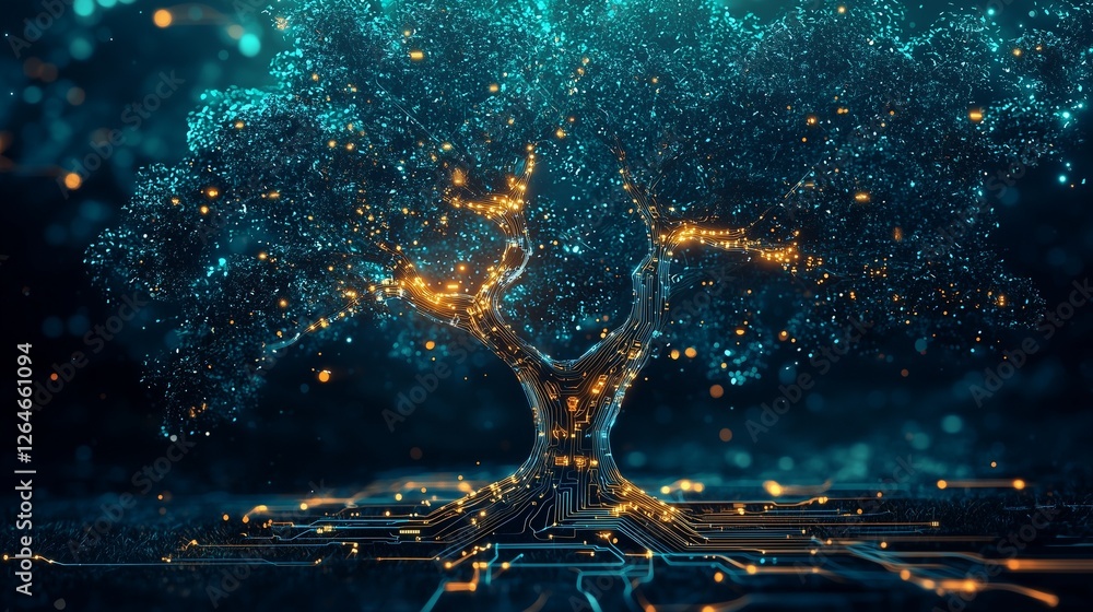 Obraz premium A digital tree composed of glowing circuits and small pixelated leaves, symbolizing the integration of nature and technology