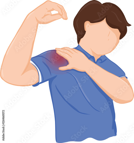Cartoon drawing of a man suffering from frozen shoulder, pain and stiffness, unable to move, difficult to lift his arm. Man with tendonitis or injury in his shoulder. Health care, medical concept. 