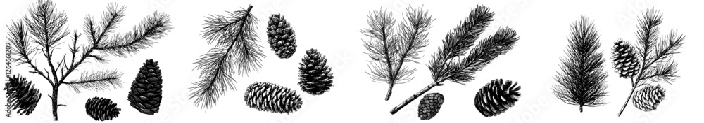 Obraz premium Modern line art featuring a pine branch and cone in ink illustration and engraving