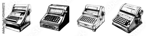 A vintage cash register depicted in a sketch with an engraving style and presented as a modern illustration