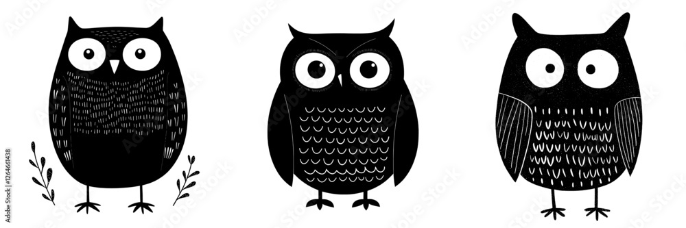 This set includes cute cartoon hand drawn owl illustrations, sweet modern black and white owl illustrations, and isolated monochrome owl illustrations