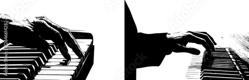 A female musician's hand is shown playing the piano keyboard, symbolizing a classical music concept in a black and white modern design