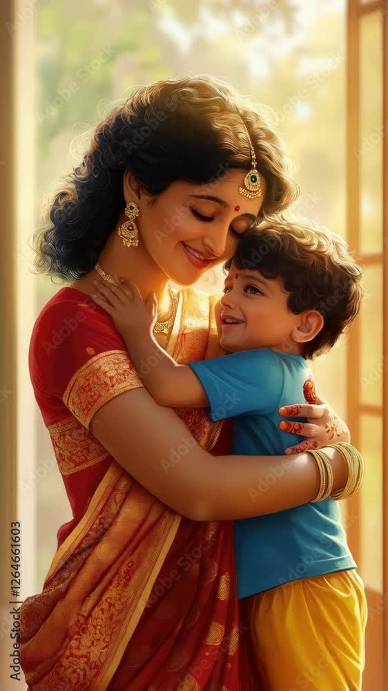Loving mother in Indian traditional attire embraces her joyful child, both smiling warmly in sunlit setting. Concept Mother's Day, maternal love, emotional bond between parent and child Vertical video Loving mother in Indian traditional attire embraces her joyful child, both smiling warmly in sunlit setting. Concept Mother's Day, maternal love, emotional bond between parent and child Vertical video