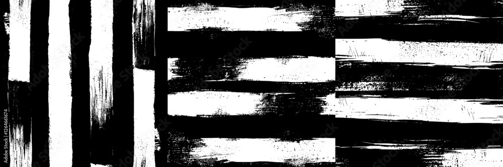 Fototapeta premium A modern seamless pattern of scribbles and stripes is set against a simple monochrome background with an ink brush texture