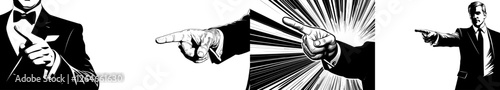 A male hand with the forefinger extended is depicted in a vintage retro style engraving, symbolizing a business concept suitable for a website or label in monochrome
