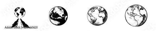 The continuous line drawing depicts globes of Earth, featuring a planet Earth icon, and a monochrome globe map template suitable for educational, scientific, and web presentations isolated on a white