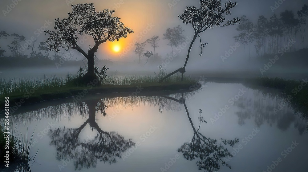 Misty sunrise over tranquil water reflecting trees Misty sunrise over tranquil water reflecting trees