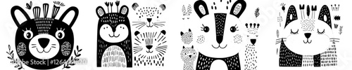 Photography A set of adorable hand-drawn animal faces is presented on a white background, fe