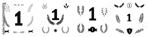 A modern monochrome set of badges or banners is awarded for business achievements, numbered one, representing a champion's winner badge for competition rewards and achievements